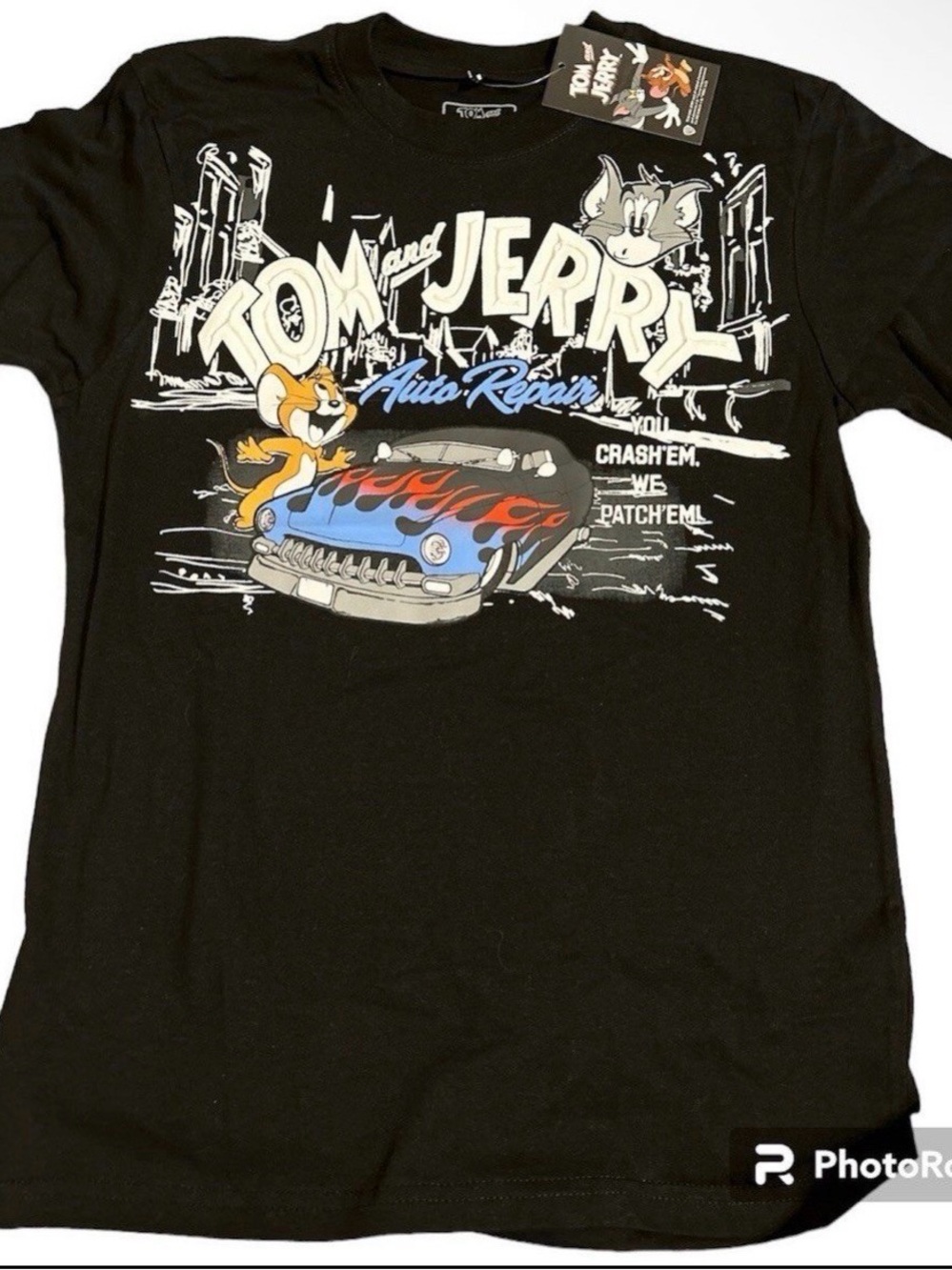 Tom and Jerry Auto Repair Graphic T Shirt NWT Black Hot Rod Car Mens Size 8